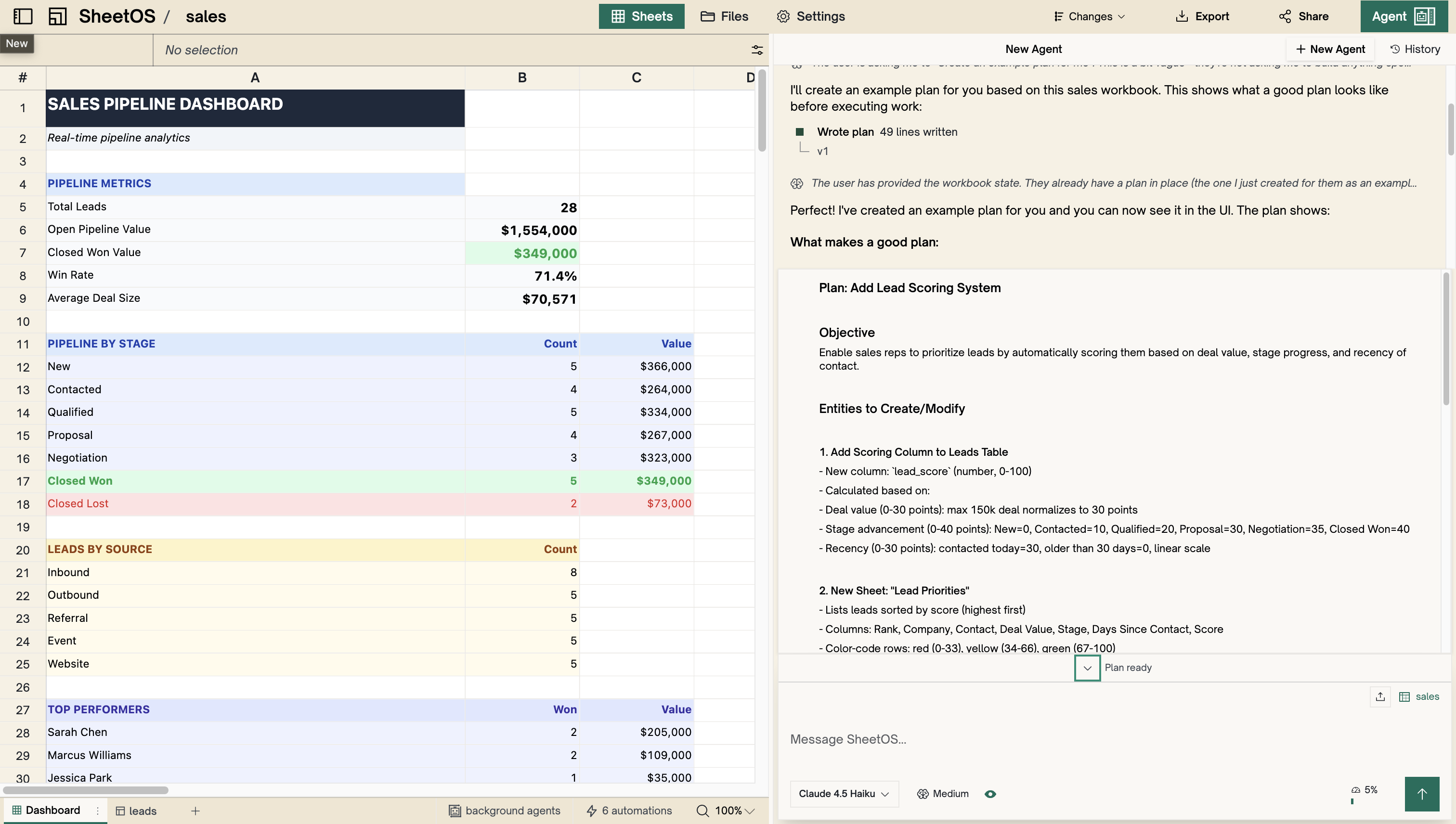 Agent showing a plan with numbered steps