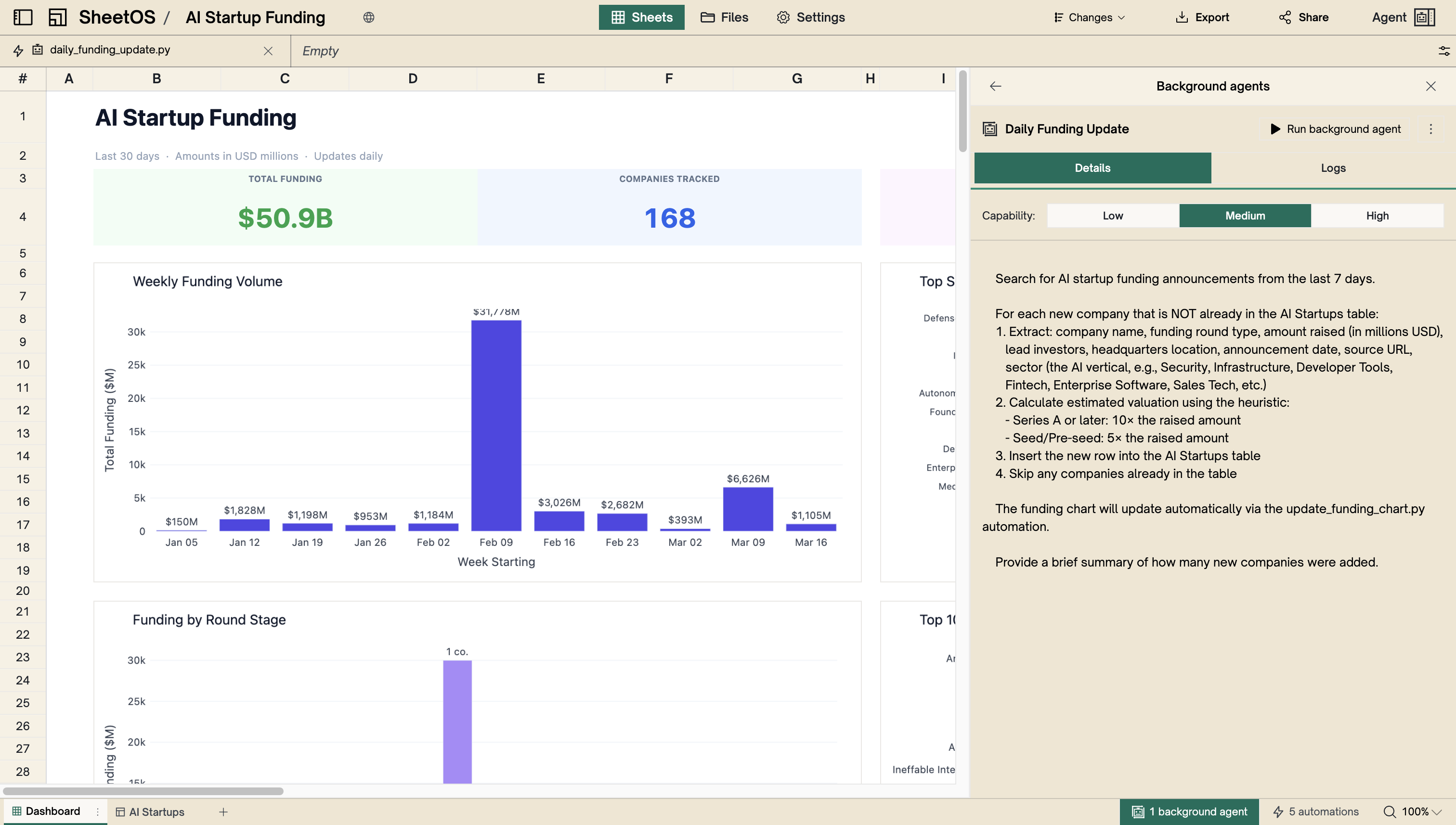 Background agent detail panel with prompt, schedule, and capability level