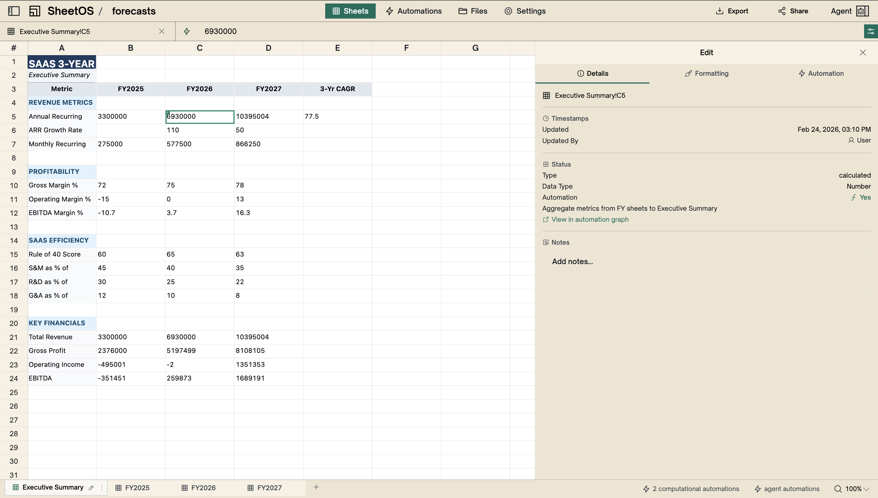 Cell detail panel showing value, type, and formatting options