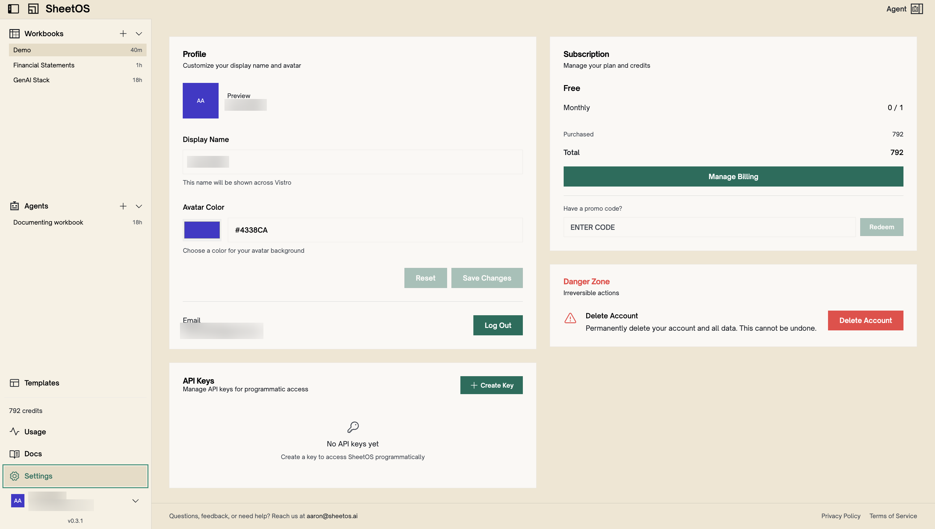 Settings page showing API key creation