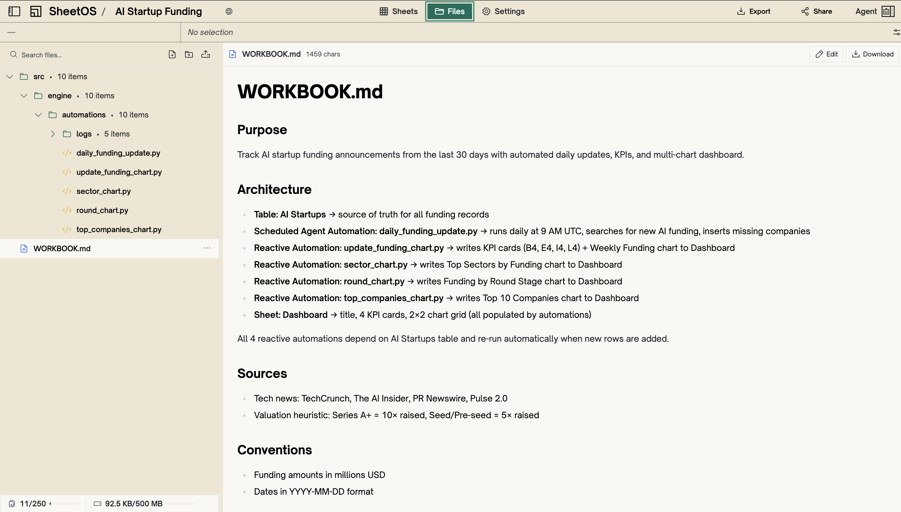 Workbook filesystem with scripts and documents